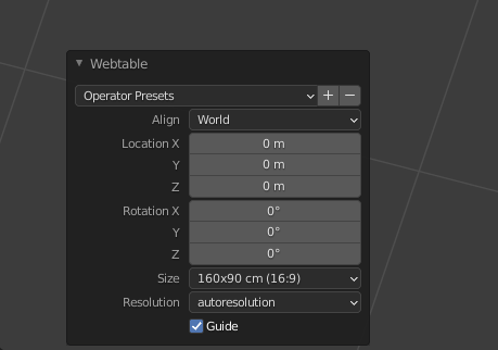 Webtable settings